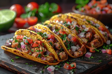 Fototapeta premium A savory Mexican taco with carnitas, cilantro, onions, and a side of lime wedges