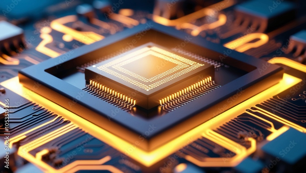 Poster the glowing microchip surrounded by intricate, illuminated circuitry, representing advanced computin