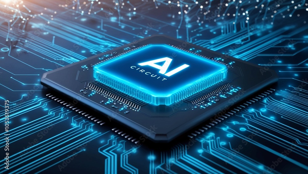 Poster futuristic ai circuit chip glowing in blue with a background of digital networks and data streams