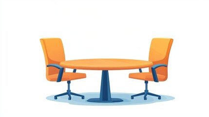 Fototapeta premium A round table with two orange chairs, set against a white background, meetings or collaboration concept.