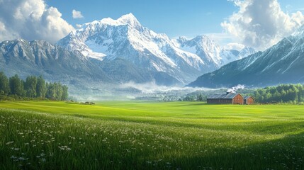 Obraz premium Vast grassland farm with snow-capped mountains in the background; serene landscape perfect for nature or outdoor themes