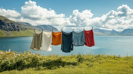 Washing line with various garments set against the breathtaking views of Skagafjordur fjord; peaceful and picturesque