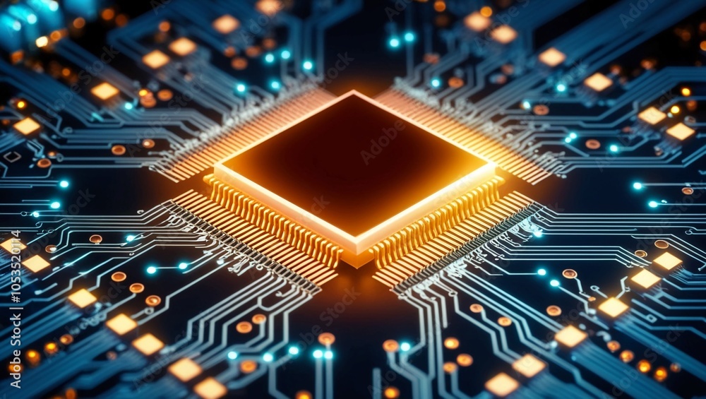 Poster a glowing microchip surrounded by intricate, illuminated circuitry, representing advanced computing 