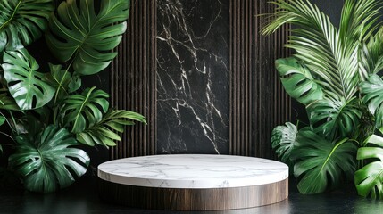 White marble podium with a natural black-brown wood backdrop, surrounded by monstera and palm leaves in an abstract, stylish display