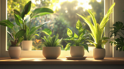 Fototapeta premium 朝日差す窓辺の観葉植物