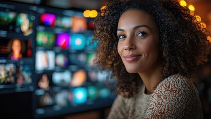 Fototapeta premium Smiling woman in front of a screen displaying multimedia content. Concept of creativity and technology.