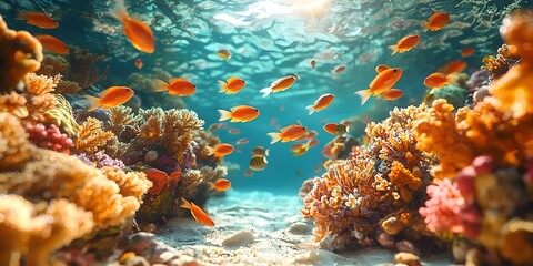 Obraz premium A vibrant underwater scene featuring an array of colorful fish swimming among bright coral reefs, illuminated by sunlight filtering through the clear blue water.