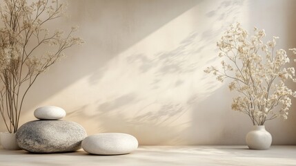 Zen-inspired showcase with grey and white stones, dry plants on pastel beige-cream 3D stage; organic design with calming vibes and copy space