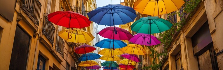 Brightly colored umbrellas of various hues are suspended above a narrow street, casting playful shadows on the cobblestones as passersby enjoy the warm weather