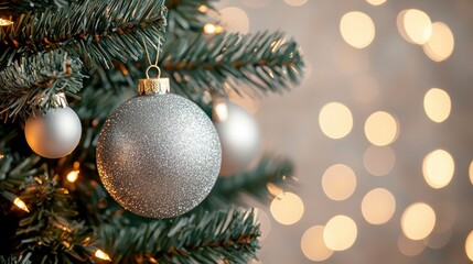 A shimmering silver ornament hangs on a Christmas tree with warm bokeh lights.