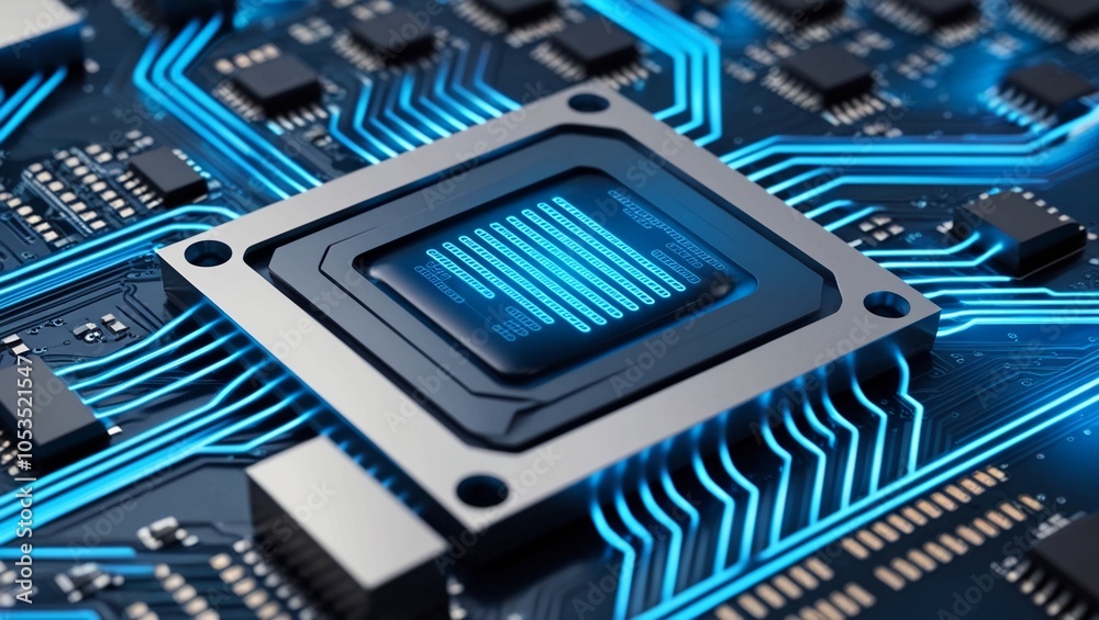 Poster a futuristic ai circuit chip glowing in blue with a background of digital networks and data streams