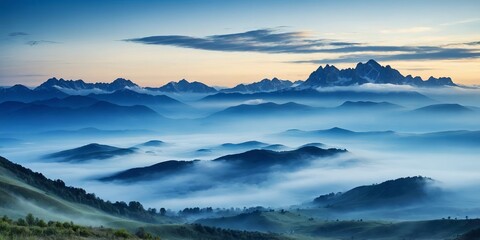 Early morning mist blankets the mountains as the sun rises over the scenic landscape in the foothills