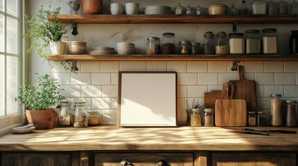 Traditional kitchen with a blank recipe book stand.