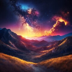 A breathtaking sunset illuminates a mystical valley surrounded by majestic mountains and a starry sky full of vibrant colors