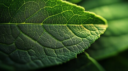 Close-up of a leaf's surface, emphasizing the detailed vein patterns and green cell textures with high precision