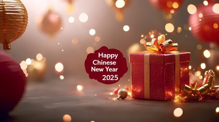 A festive scene celebrating Chinese New Year 2023, featuring vibrant decorations, a gift box, and glowing lights.