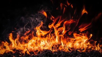 Burning Flames, Bonfire On Black Background With Texture. Fiery Blaze, Dark Night, Heat With Sparks