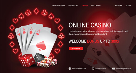 A web banner with neon cards and dice for poker with a slot machine and roulette, chips for casinos online in a frame of their suits on a red background.