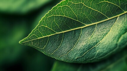 Fototapeta premium Close-up of a leaf's surface, emphasizing the detailed vein patterns and green cell textures with high precision
