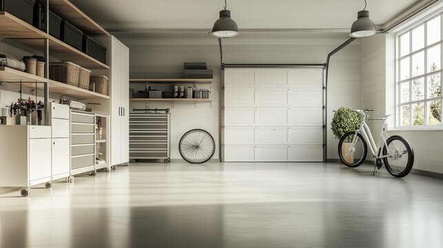 Ampio spazio di garage industriale, caratterizzato da pavimento lucido e riflessi, con un design minimale e pulito che valorizza ordine e modernit&agrave;.
