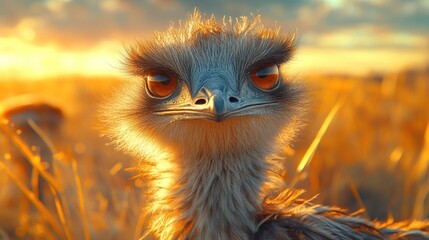 A curious ostrich chick stares intently at the camera, its feathers glowing in the golden light of the setting sun.