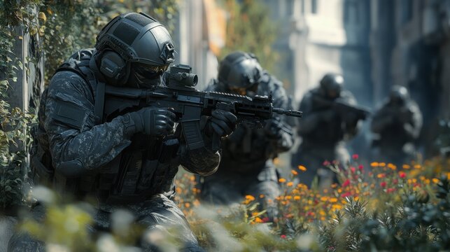 Soldiers practicing urban warfare tactics in a simulated city, 4K hyperrealistic photo