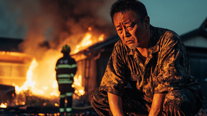 焼け落ちる自宅を見つめる男性