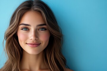 Obraz premium Radiant Young Woman with Beautiful Smile Against Blue Background