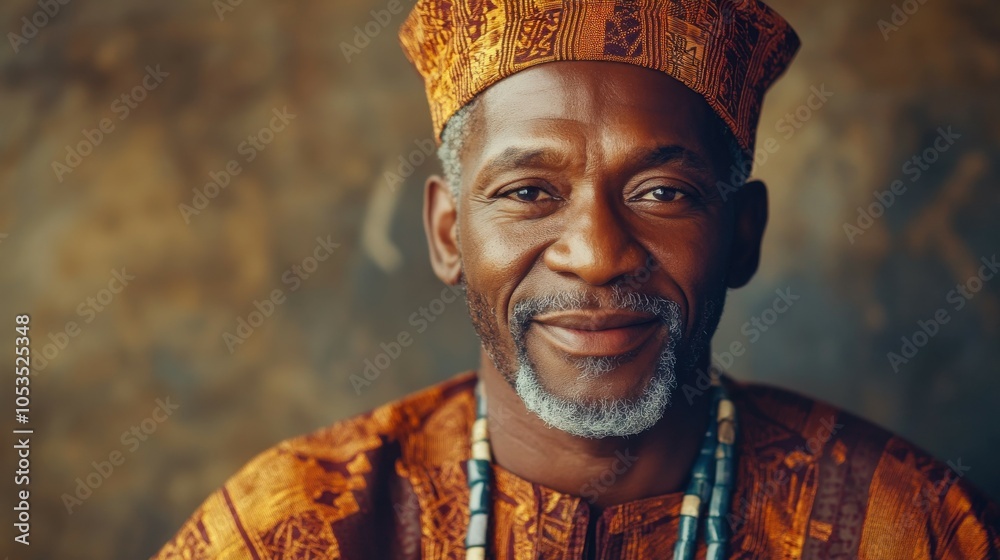 Sticker middle-aged nigerian man with traditional attire and a warm expression.