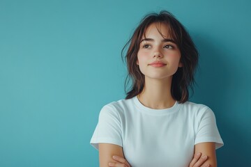 Obraz premium Confident Young Woman with Arms Crossed Against a Blue Background
