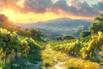 A serene vineyard tour with visitors tasting wine and strolling through grapevines