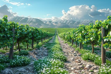 A serene vineyard tour with visitors tasting wine and strolling through grapevines