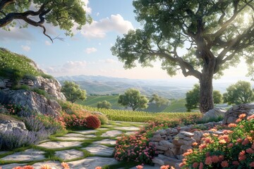 A serene vineyard tour with visitors tasting wine and strolling through grapevines