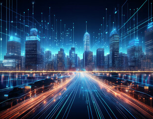 Fototapeta premium Smart city at night with data overlay