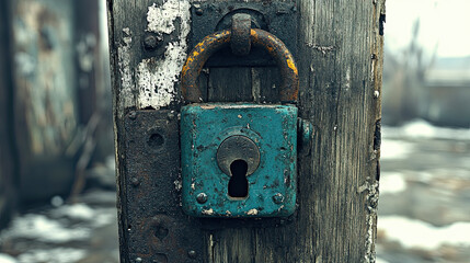 Weathered Blue Padlock Secured to an Old Wooden Door in an Abandoned Location During Winter