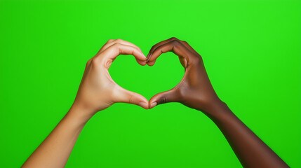 Obraz premium Two hands, one light-skinned and one dark-skinned, delicately forming a heart shape against a vibrant green background, symbolizing unity and connection with clean lighting and photorealistic detail.