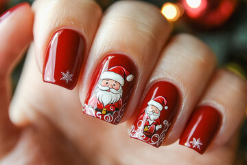 Festive red nails with santa art for christmas manicure design ideas