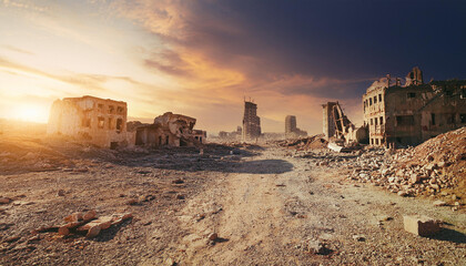 Post-apocalyptic ruined city and old buildings in desert landscape. Abandoned town.