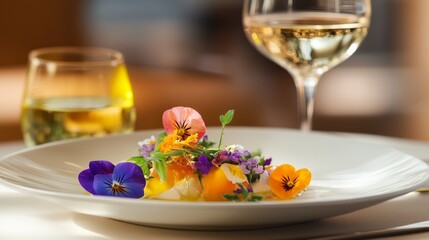 A plate of food with a glass of wine on the table