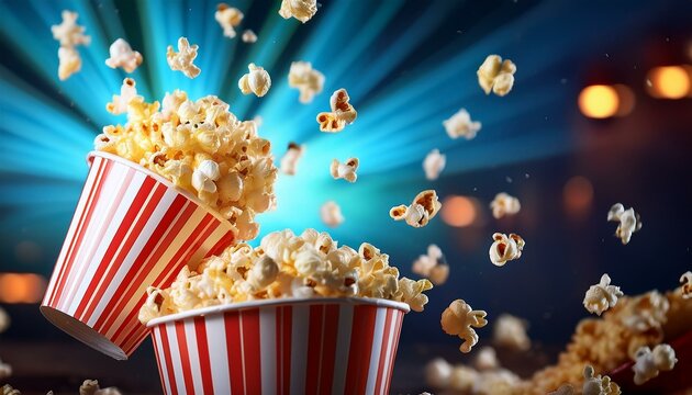 Leckeres Popcorn fliegt aus einem rot-wei&szlig; gestreiften Pappbecher, perfekt f&uuml;r einen Filmeabend.
