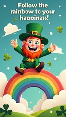 Naklejka premium Leprechaun on a rainbow with an uplifting mood encouraging 