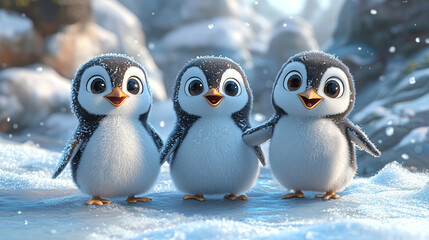 Cute cartoon penguins standing on icy landscape
