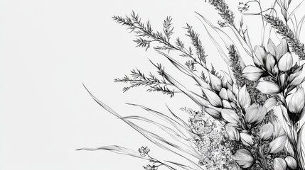 botanical illustration sketch Illustrations, fine, delicate lines highlighting botanical details, natural textures and fine strokes