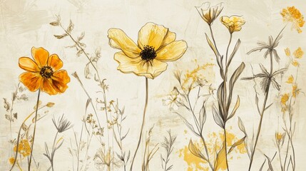 botanical illustration sketch Illustrations, fine, delicate lines highlighting botanical details, natural textures and fine strokes