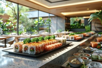 sophisticated sushi dinner with a sleek, modern table setting, fresh sashimi