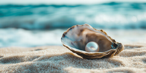 Sea shell with beautiful white pearl inside on the sandy beach.