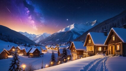 Fototapeta premium A serene winter village scene at dusk, with cozy cabins illuminated under a starry sky and a snow-covered path leading through the peaceful landscape