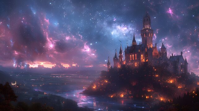 Starry night castle create frytale astle. AI generated