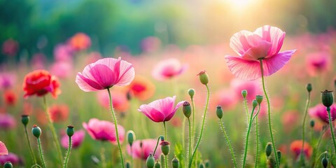 Wild pink poppy flowers in the morning meadow