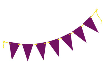 Obraz premium Triangular pennant garland in trendy dark purple on yellow rope. Halloween cards or greeting element